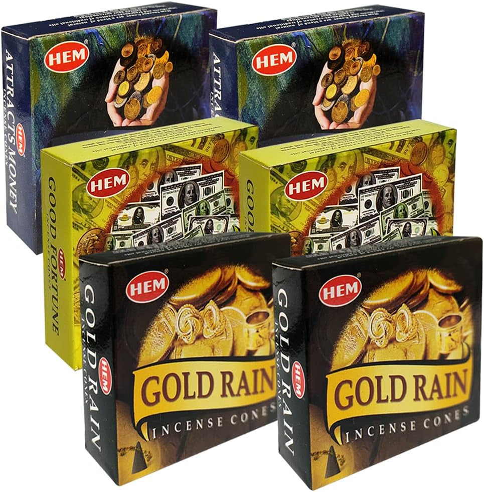 Attracts Money Good Fortune Gold Rain Incense Cones & Holder Bundle Variety Pack from Hem Insense Insence