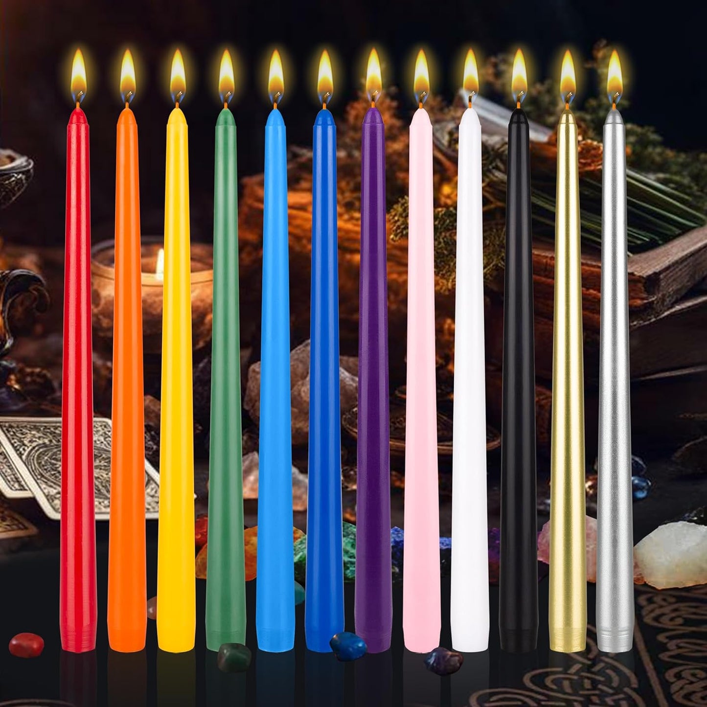 12 Pcs Unscented Supreme Assorted Colors Chime Taper Candles, Handcrafted Wax Candle 12 Inch X 7/8 Inch, Casting Chimes, Rituals, Spells, Vigils, Witchcraft, Wiccan, Meditation, Altar
