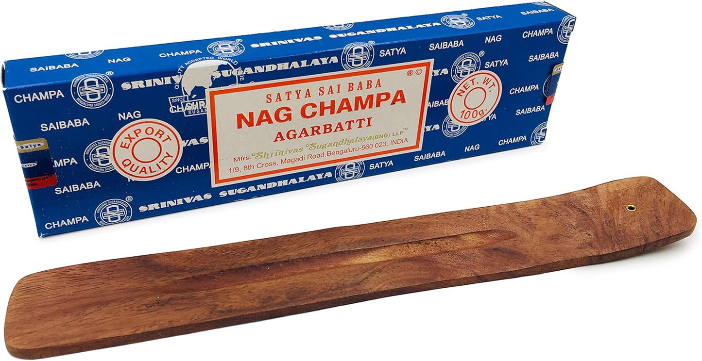 Nag Champa Incense Sticks with Incense Holder - 100 Gram Box and Wooden Tray - for Meditation, Aromatherapy, Yoga, Spiritual Home Decor, Spiritual Gifts -