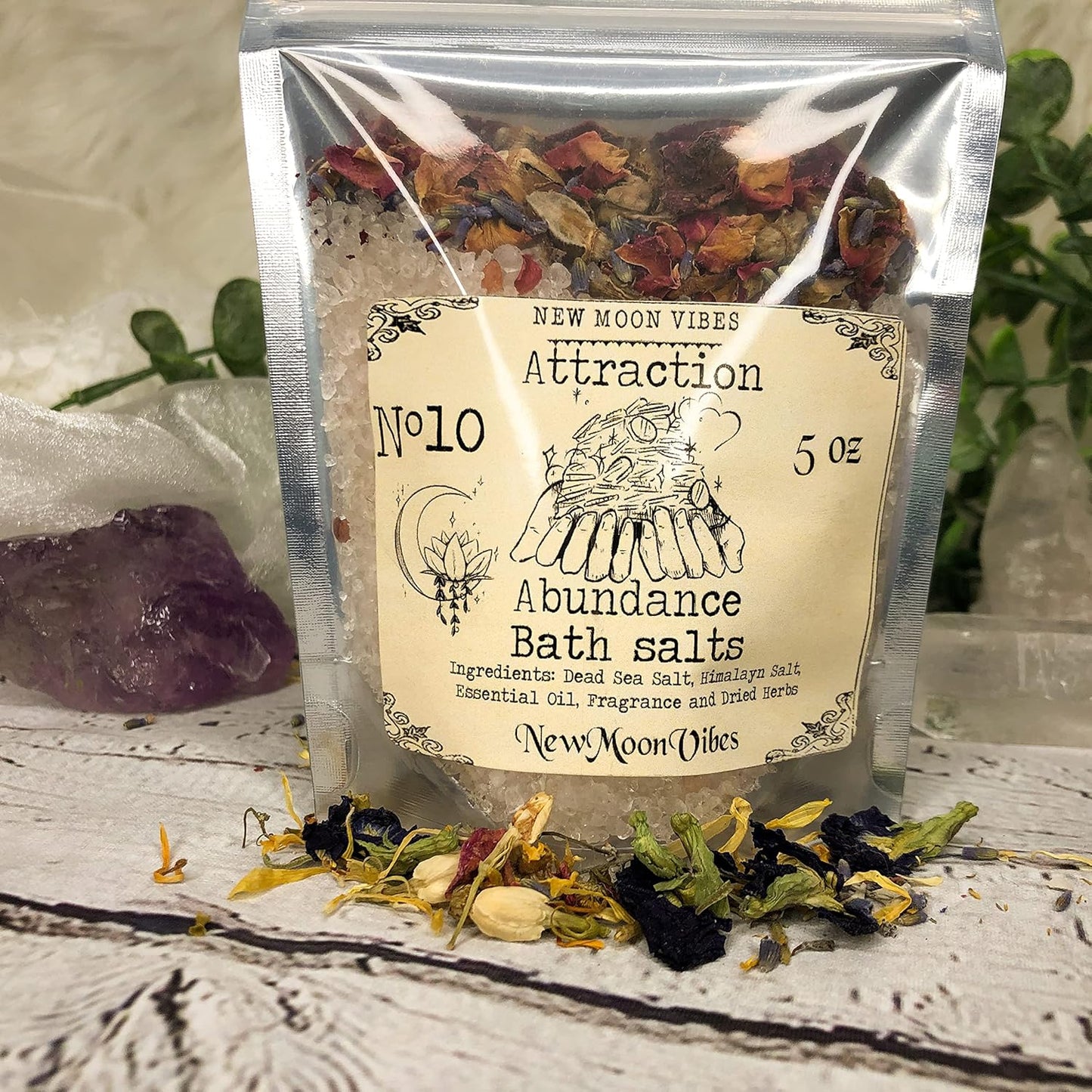 Attraction Abundance Essential Oils Herbal Spell Ritual Bath Salts with Real Herbs Botanicals Infused Enhance Beauty Love Power Control Success Confidence Attain Dreams Goals Self Love Acceptance