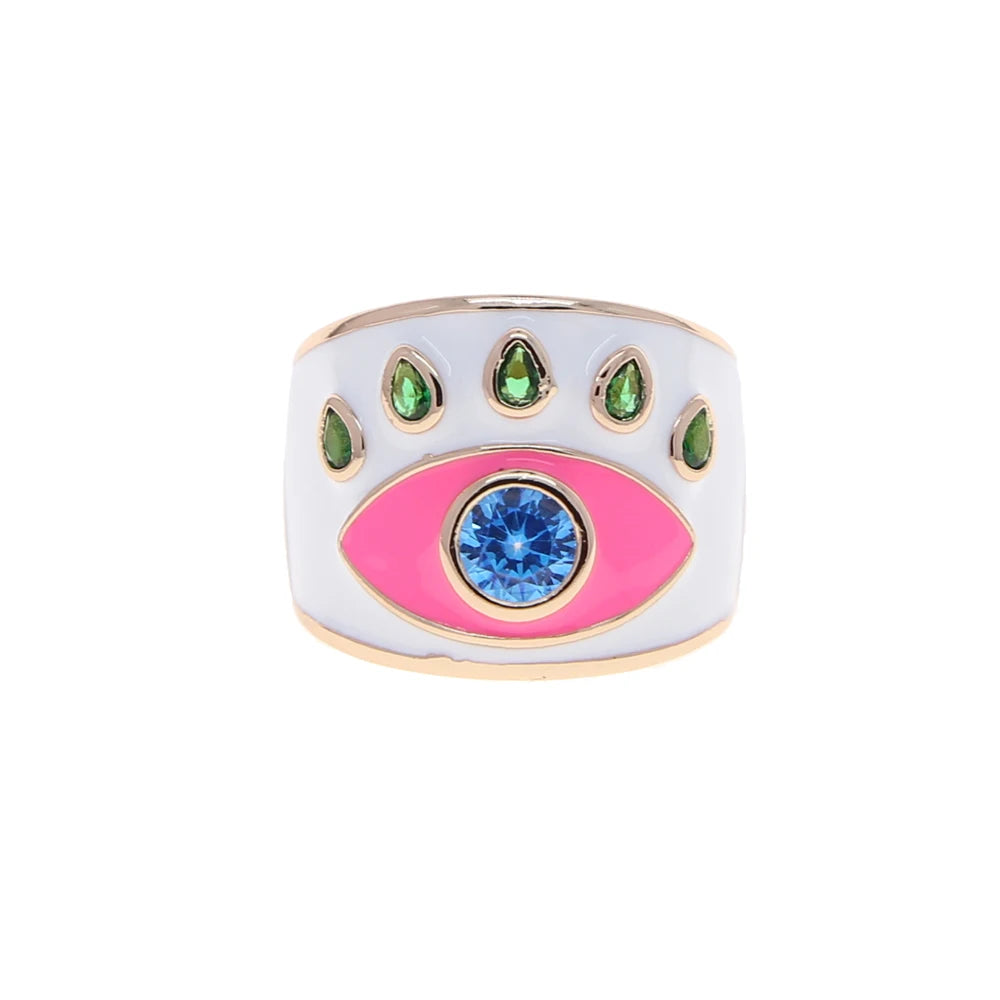 Open #7 Rose Gold Color Pink White Blue Black Colorful Enamel Lucky Turkish Evil Eye Big Women Finger Ring