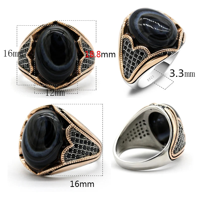 Vintage Men'S Ring with Agate Stone 925 Sterling Silver Evil Eye Natural Gemstone Ring Gorgeous Jewelry for Women Christmas Gift