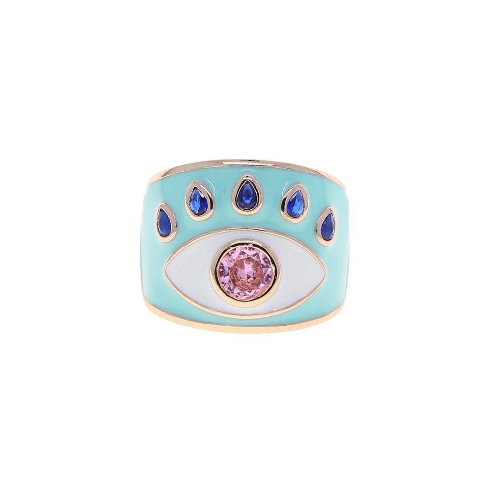 Open #7 Rose Gold Color Pink White Blue Black Colorful Enamel Lucky Turkish Evil Eye Big Women Finger Ring