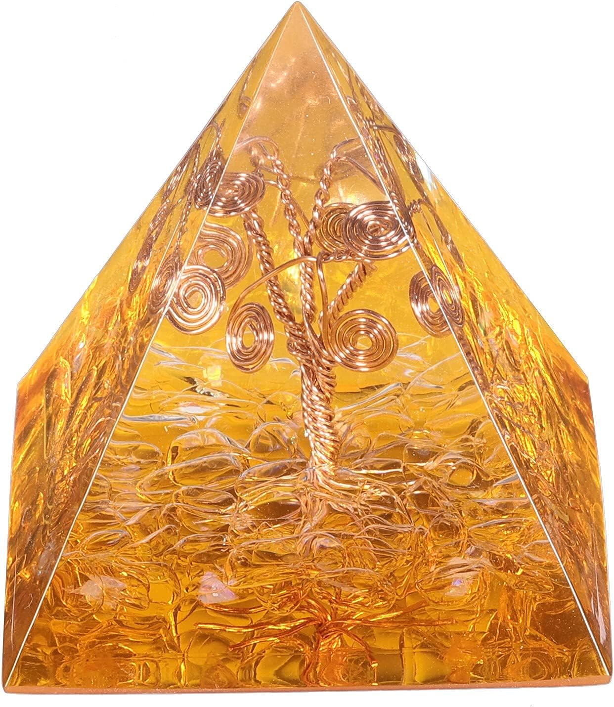 Healing Crystal Orgone Pyramid with Copper Tree of Life Tabletop Decor Stone for Meditation, Yellow