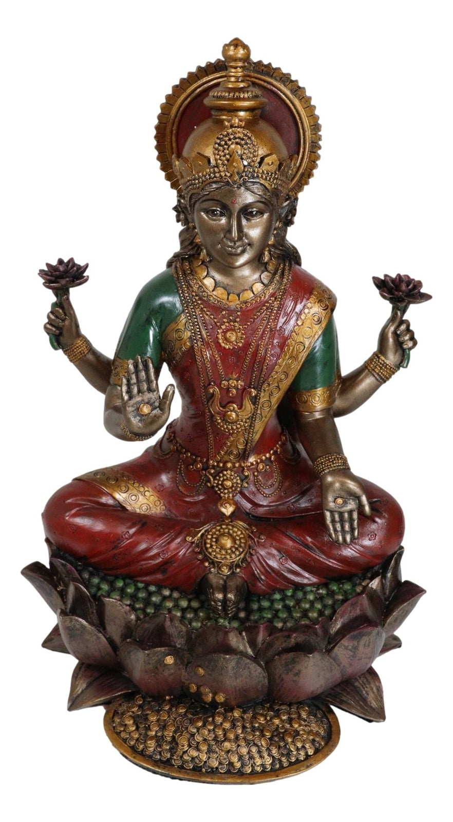 Beautiful Large Hindu Goddess Lakshmi Sitting on Lotus Flower Statue 12.25"Tall