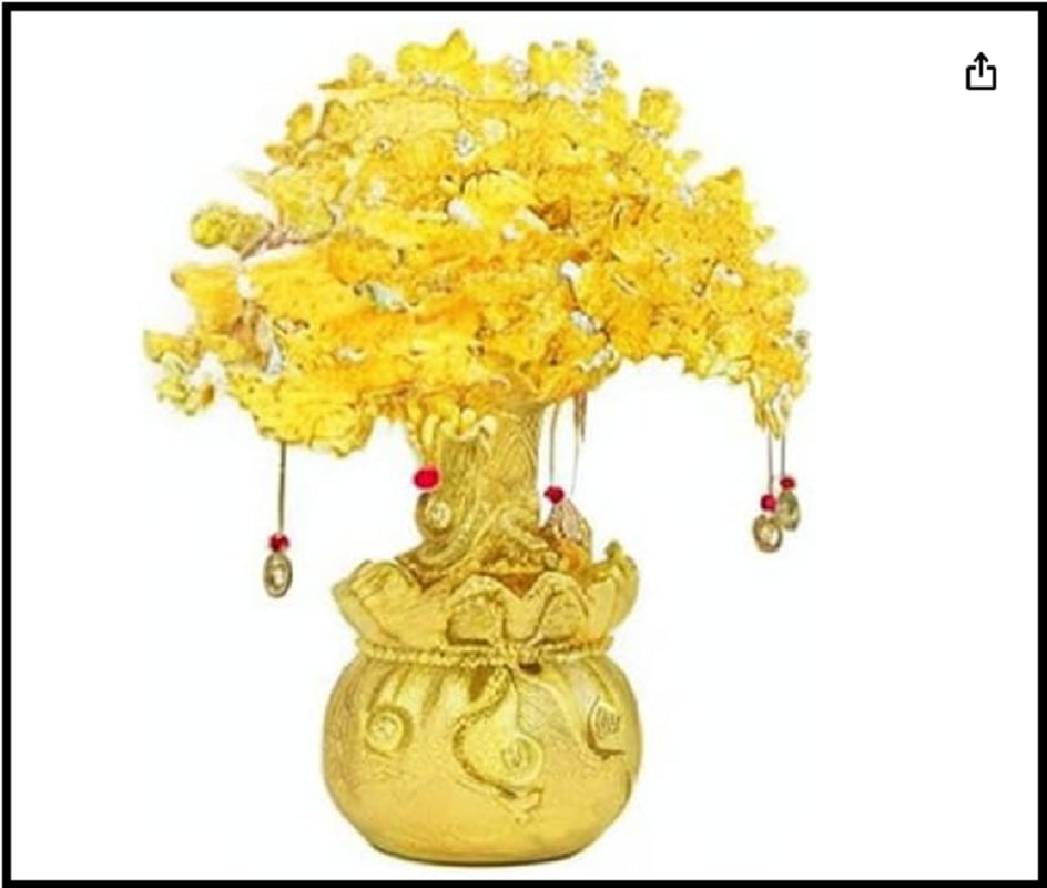 Feng Shui Citrine/Yellow Crytal Money Tree with Chinese Dragon Pots