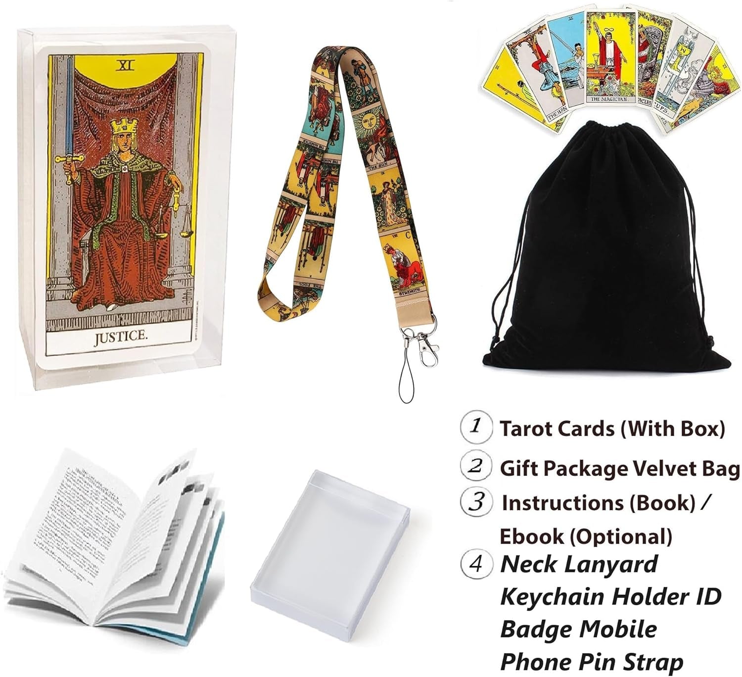 Classic Tarot Cards Deck with Guidebook Instructions Manual in Transparent Box and Velvet Bag with 17.7 Inch Lanyard Keychain (S+N)