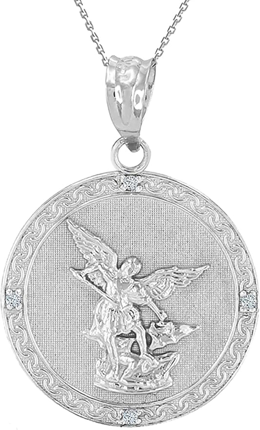 .925 Sterling Silver Saint Michael the Archangel White Cubic Zirconia Accented 1” Medal Pendant Necklace with Rolo Chain and Pendant Only