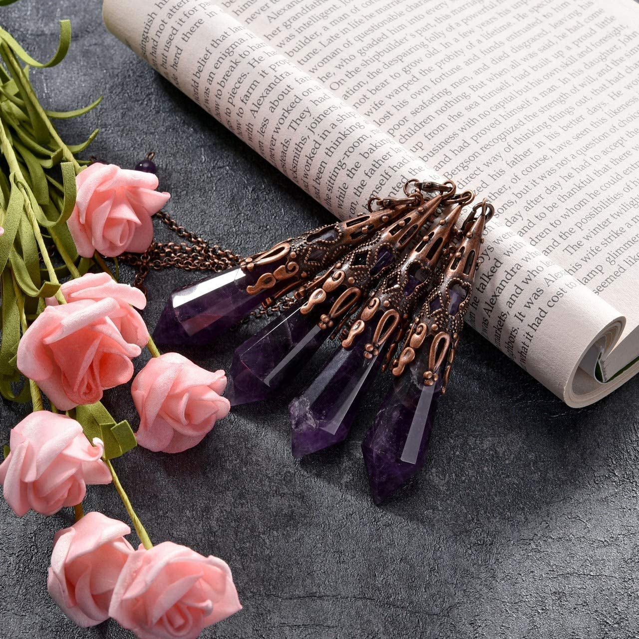 Natural Amethyst Crystal 12 Facted Therapy Healing Dowsing Divination Pendulum - Reiki Charged Chakra Balancing Pendant with Chain