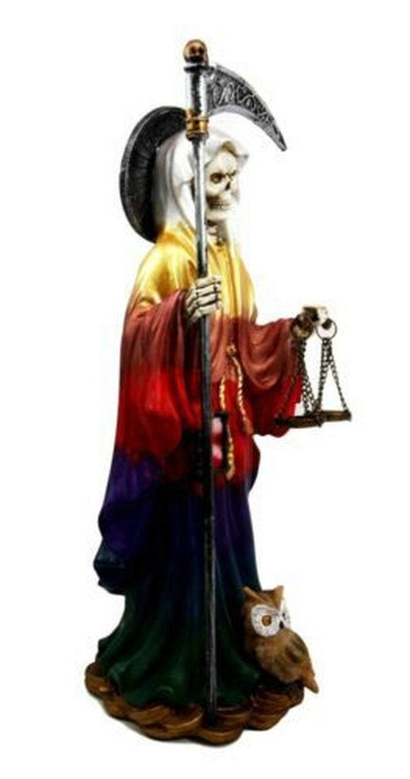 10.5" Height Standing Santa Muerte with Owl Scythe and Scales Figurine (Rainbow)