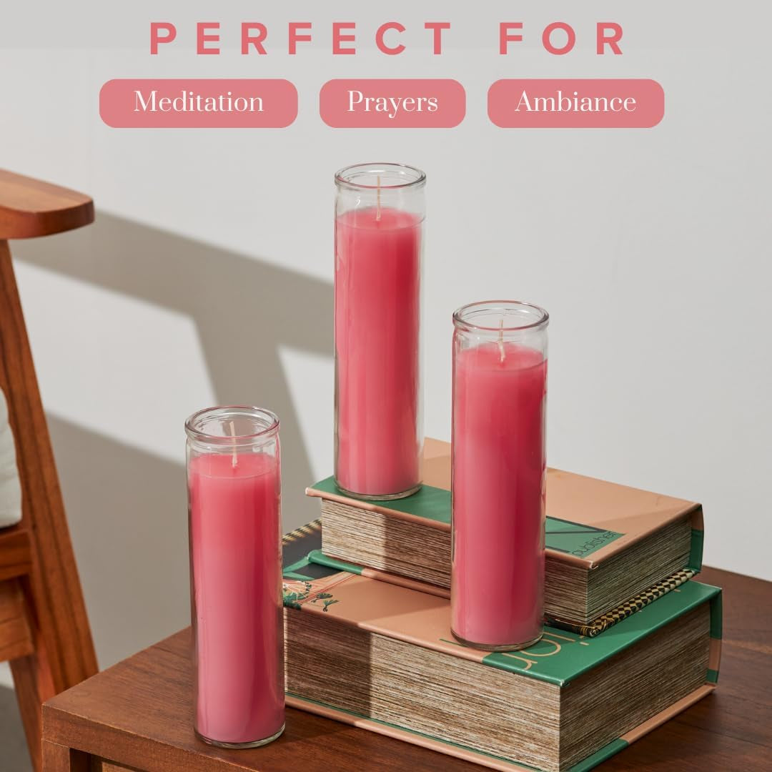 2X8 Inch Pink Devotional Candles in Glass Jar - 3 Pack - 90 Hours – Prayer Candle - Tall Pillar Candles for Religious, Memorials, Party Decor