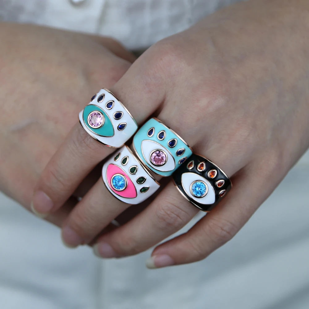 Open #7 Rose Gold Color Pink White Blue Black Colorful Enamel Lucky Turkish Evil Eye Big Women Finger Ring