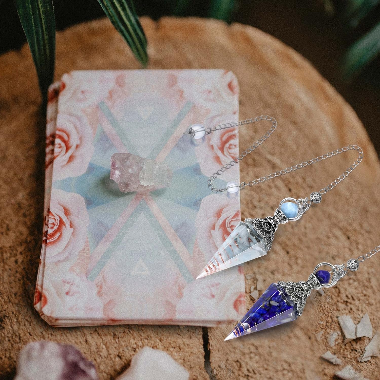 Natural Lapis Lazuli Healing Crystal Dowsing Pendulum Reiki Gemstone Chips Orgone Pendulum 6 Faceted Hexagonal Pointed Resin Spiritual Pendant for Divination, Wicca, Energy Balancing