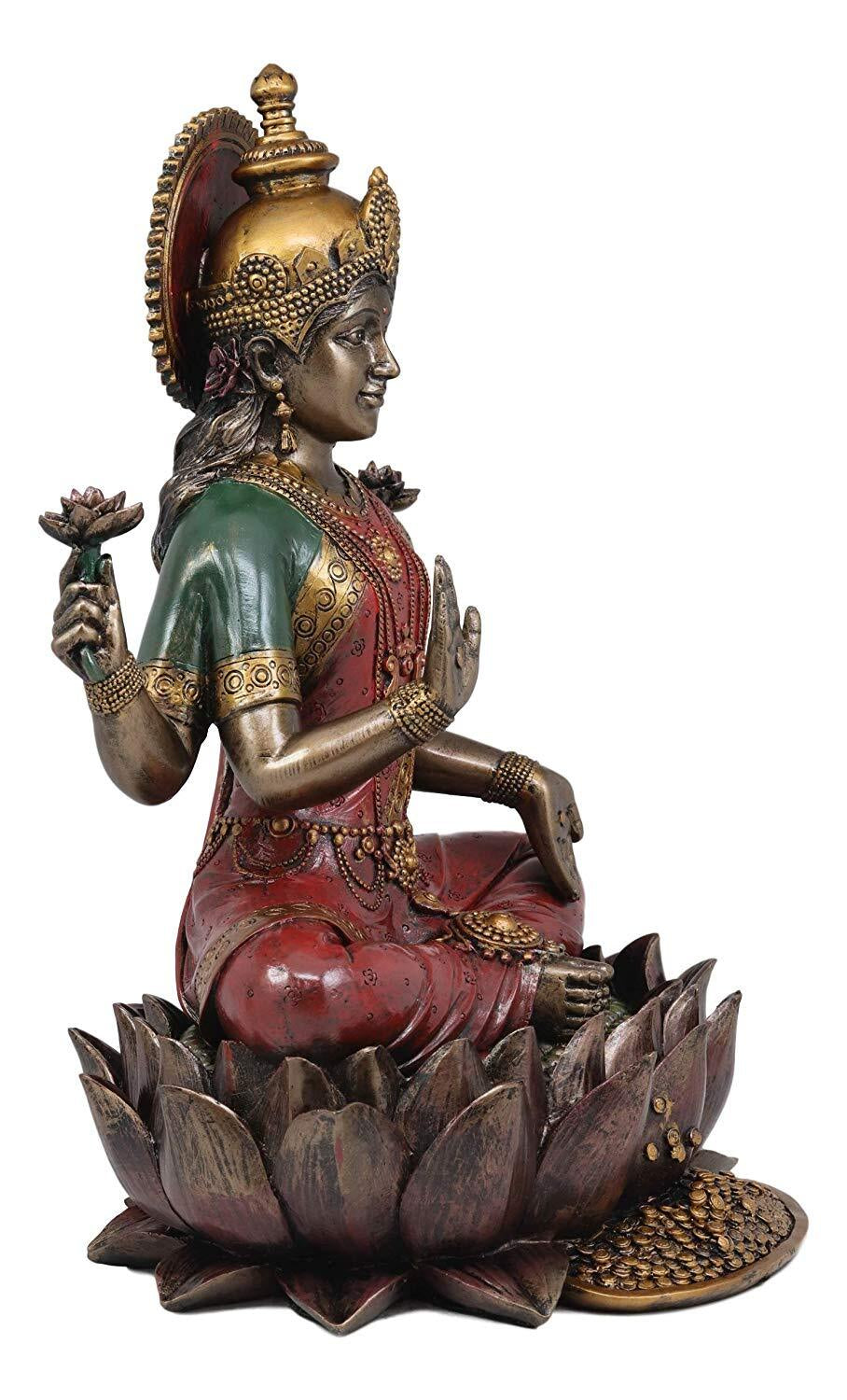 Beautiful Large Hindu Goddess Lakshmi Sitting on Lotus Flower Statue 12.25"Tall