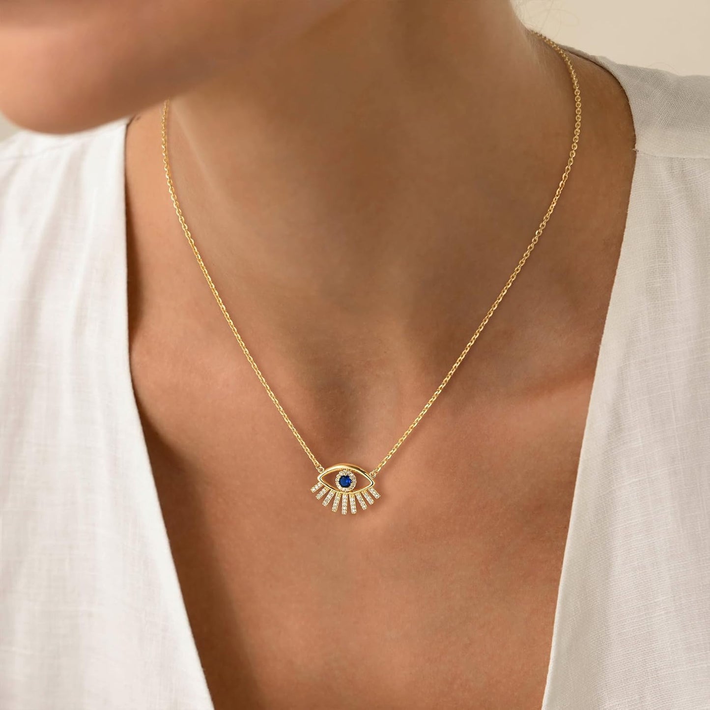 Gold Dainty Evil Eye Necklace for Women 18K Gold Plated Cute Delicate Solitaire Cubic Zirconia Boho Protection Evil Eye Minimalist Simple Necklace