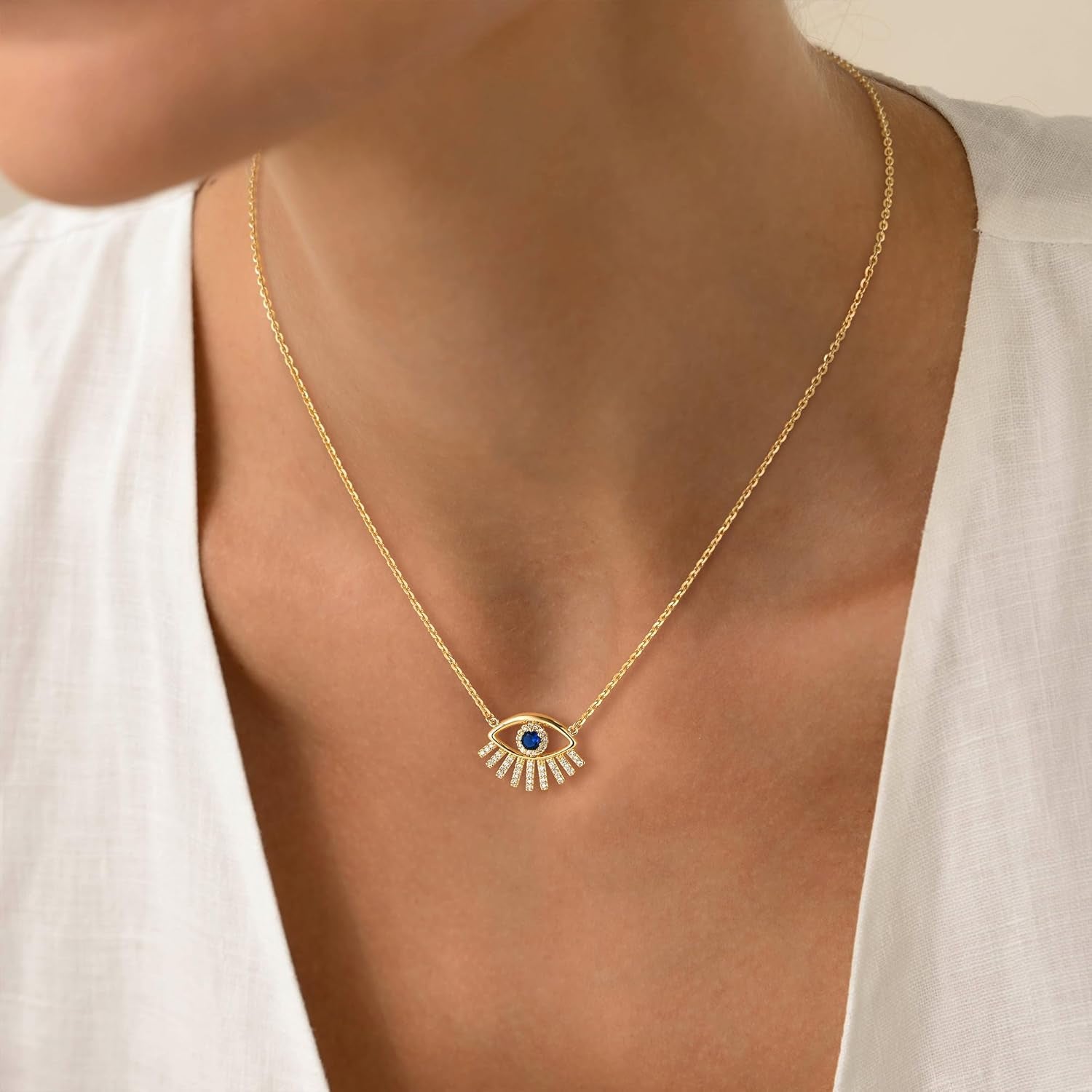 Gold Dainty Evil Eye Necklace for Women 18K Gold Plated Cute Delicate Solitaire Cubic Zirconia Boho Protection Evil Eye Minimalist Simple Necklace