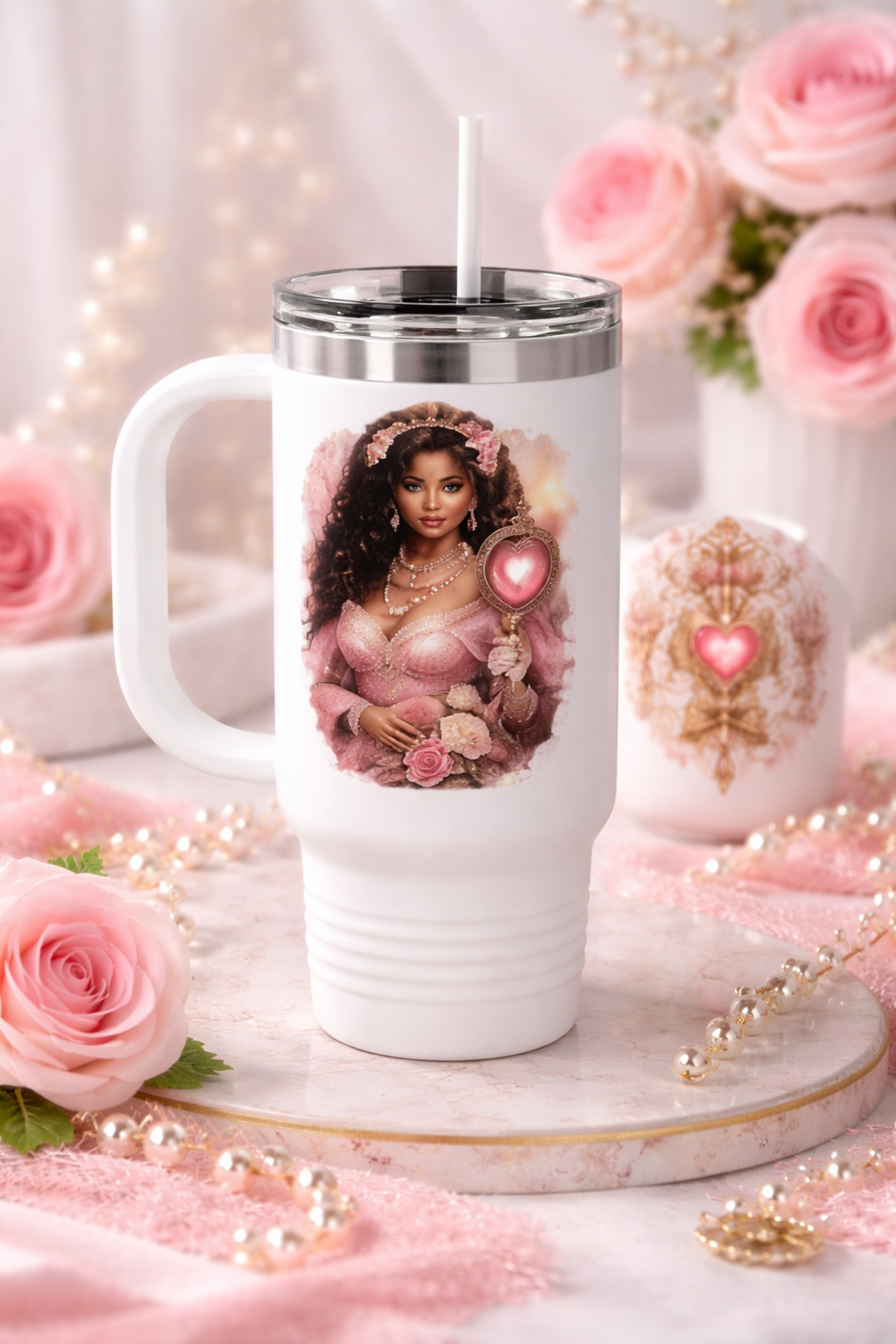Goddess of Love Pink Rose Tumbler | Luxury Feminine Energy 40oz Coffee Cup | Soft Girl Aesthetic Travel Mug Elegant Rose Goddess Design
