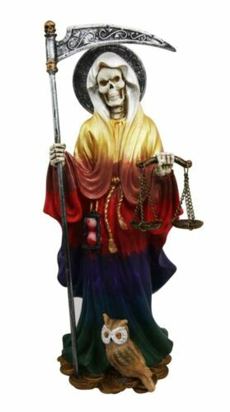10.5" Height Standing Santa Muerte with Owl Scythe and Scales Figurine (Rainbow)