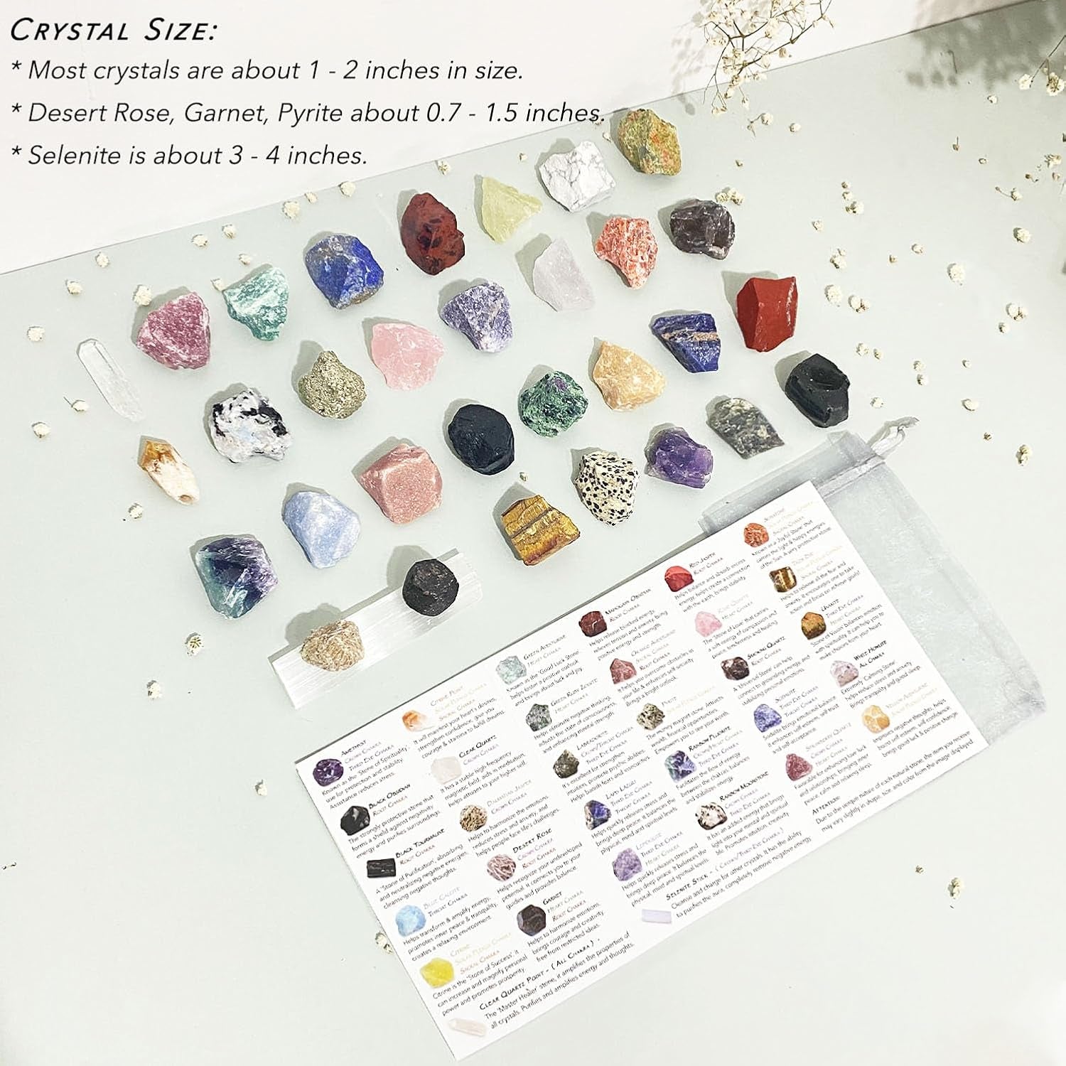 32 Natural Crystals and Healing Stones with Guide, Real Raw Crystals Set for Crystal Healing, Chakra, Meditation, Home Decor, Bulk Rough Stone Collection