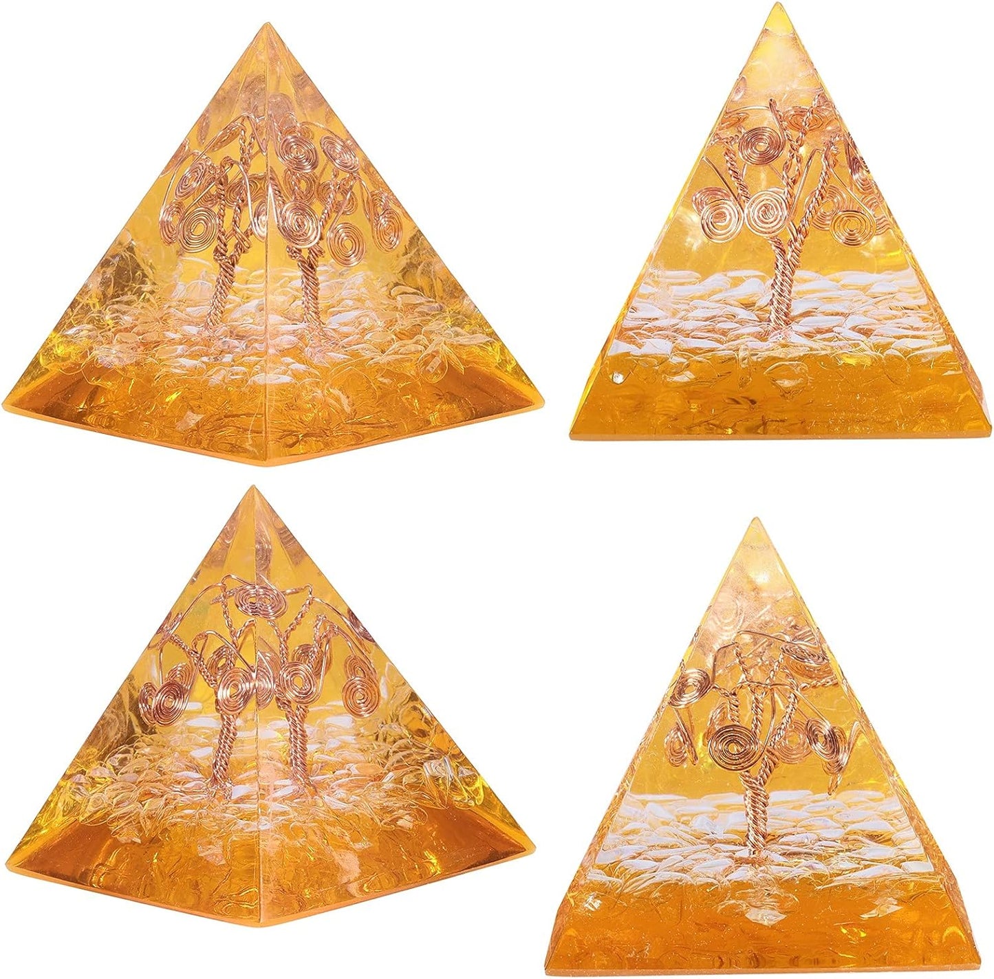 Healing Crystal Orgone Pyramid with Copper Tree of Life Tabletop Decor Stone for Meditation, Yellow