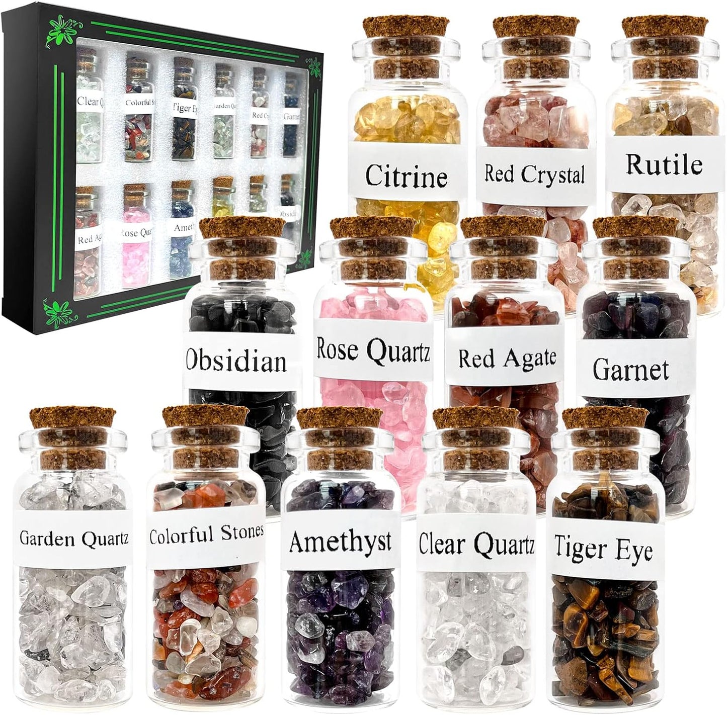 12 Pcs Crystals and Healing Stones Set, Crystals for Witchcraft in Mini Clear Bottles, Crystal Chips and Gemstones Gift for Witch Supplies Beginners