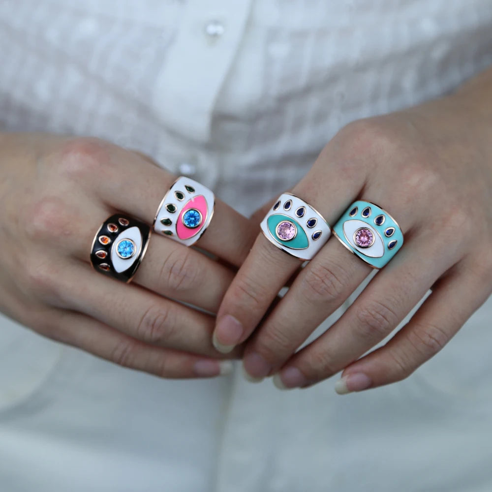 Open #7 Rose Gold Color Pink White Blue Black Colorful Enamel Lucky Turkish Evil Eye Big Women Finger Ring