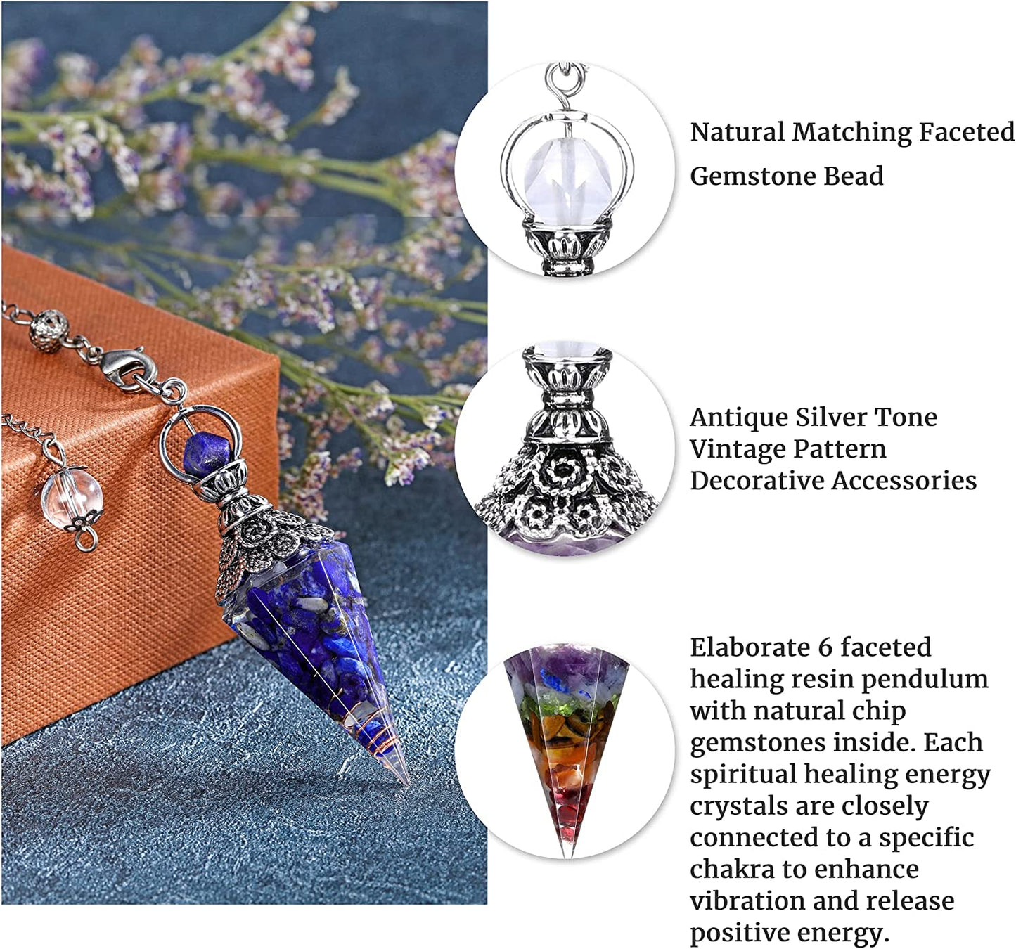 Natural Lapis Lazuli Healing Crystal Dowsing Pendulum Reiki Gemstone Chips Orgone Pendulum 6 Faceted Hexagonal Pointed Resin Spiritual Pendant for Divination, Wicca, Energy Balancing