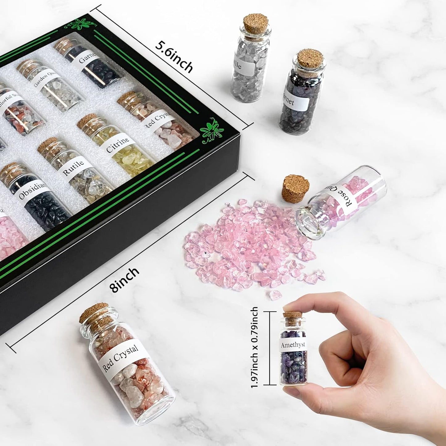 12 Pcs Crystals and Healing Stones Set, Crystals for Witchcraft in Mini Clear Bottles, Crystal Chips and Gemstones Gift for Witch Supplies Beginners