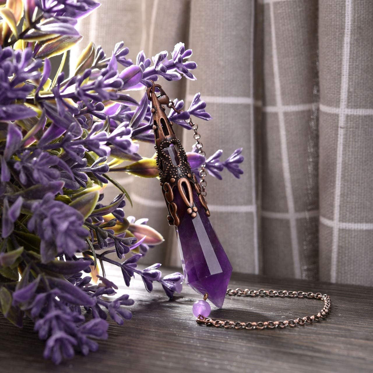 Natural Amethyst Crystal 12 Facted Therapy Healing Dowsing Divination Pendulum - Reiki Charged Chakra Balancing Pendant with Chain