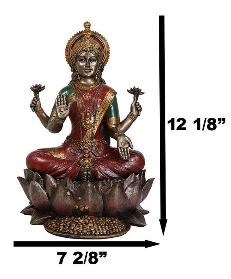 Beautiful Large Hindu Goddess Lakshmi Sitting on Lotus Flower Statue 12.25"Tall