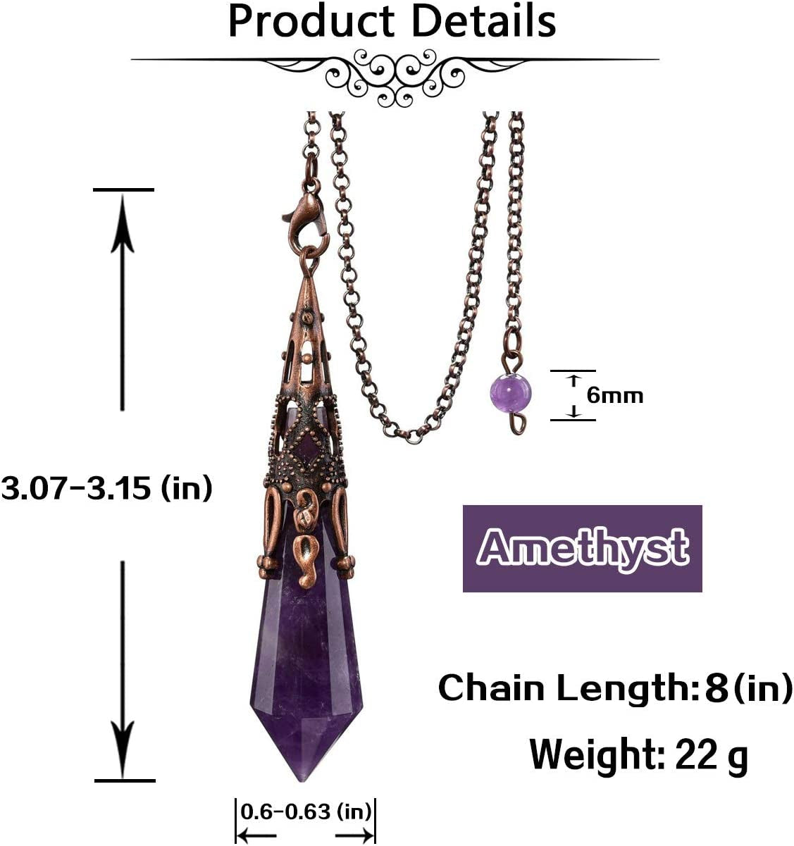 Natural Amethyst Crystal 12 Facted Therapy Healing Dowsing Divination Pendulum - Reiki Charged Chakra Balancing Pendant with Chain
