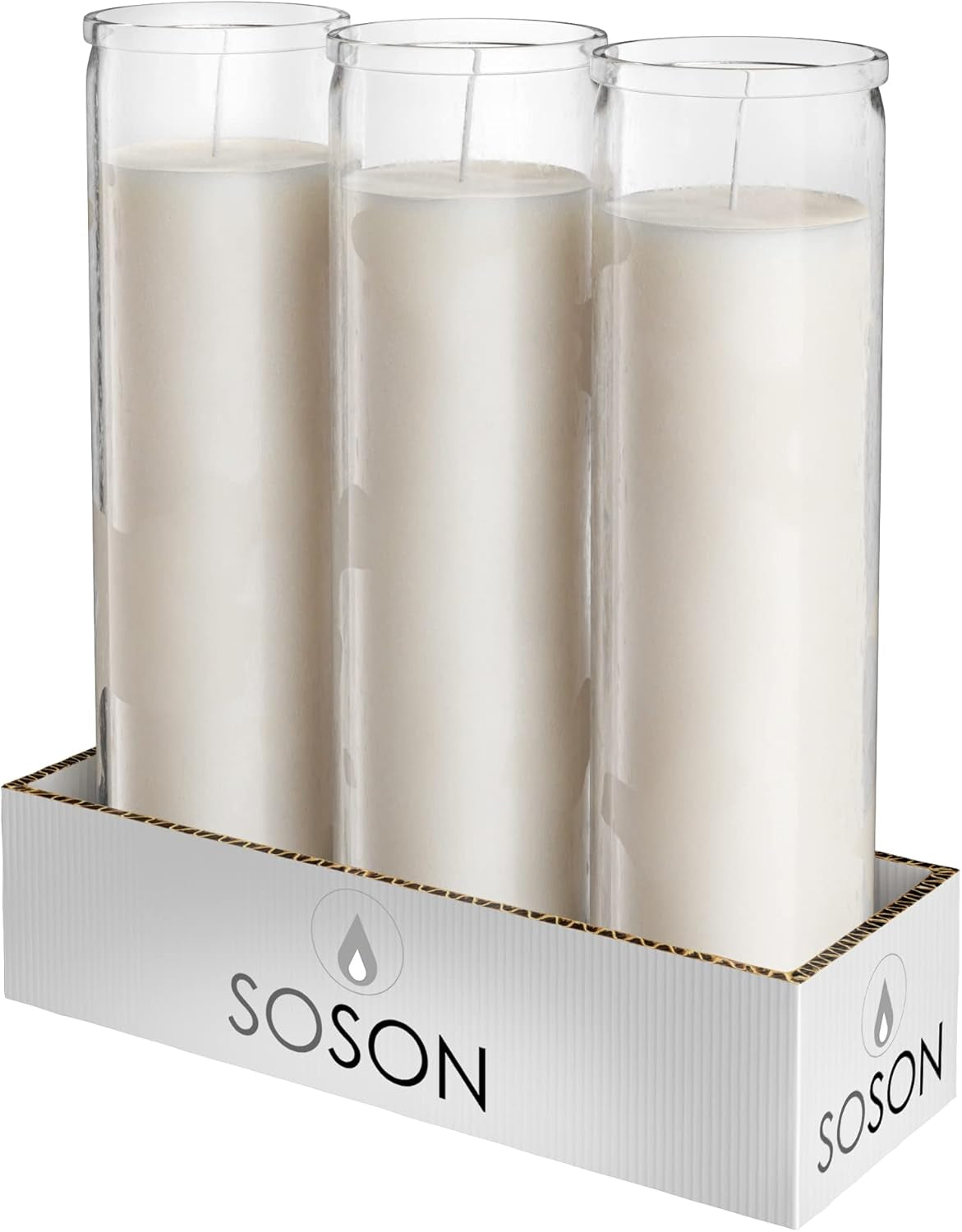 2X8 Inch 7 Day White Pillar Candles in Glass Set of 3, up to 90 Hour Burn Time, Unscented Prayer, Religious Candles for Memorials, Vigil, and Emergency