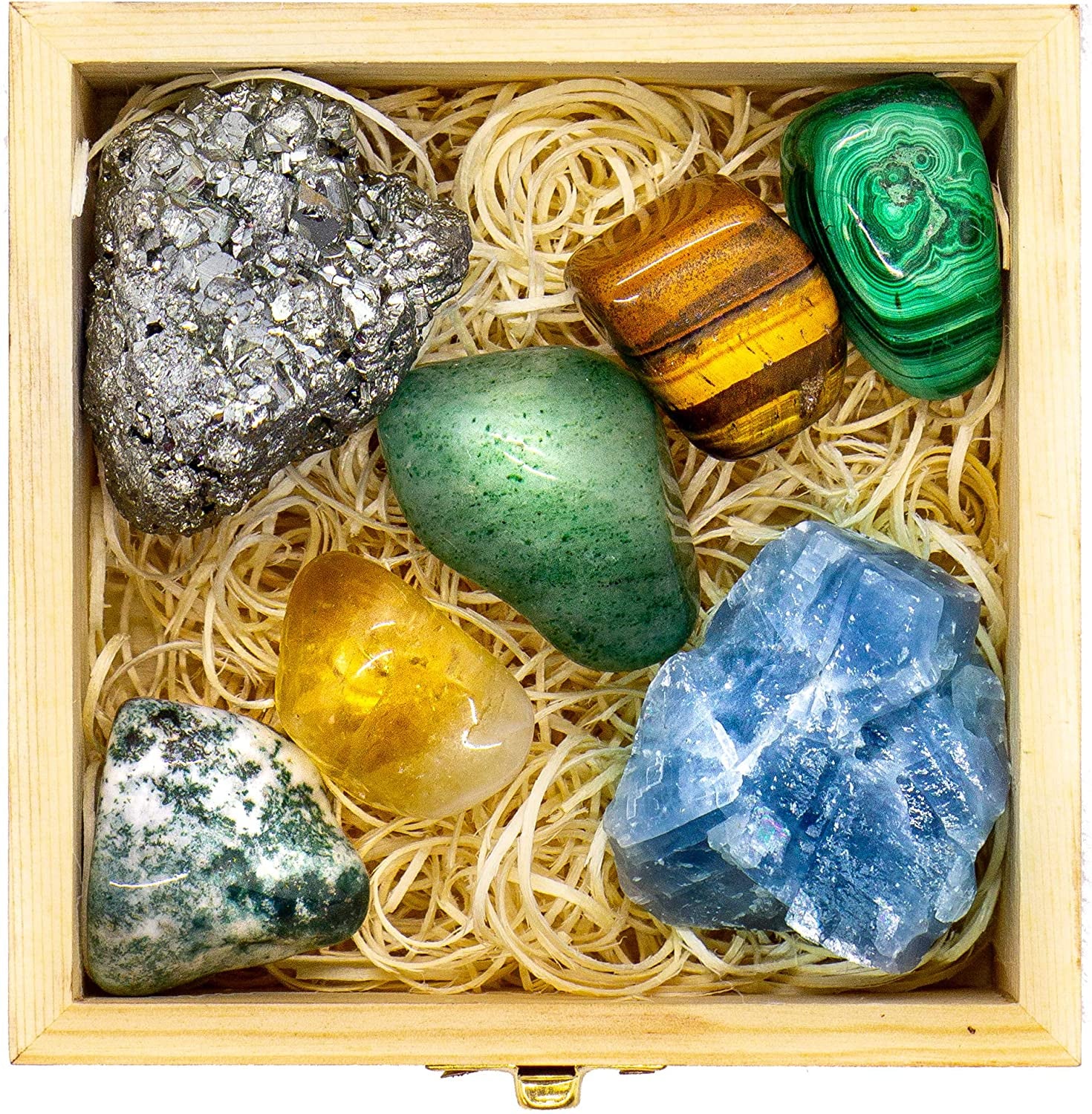 Abundance and Prosperity Healing Crystals, 100% Authentic, Wooden Gift Box + 50Pg EBOOK- Malachite, Pyrite, Citrine, Aventurine, Blue Calcite, Tree Agate, Tiger Eye + Info Guide, Made in USA