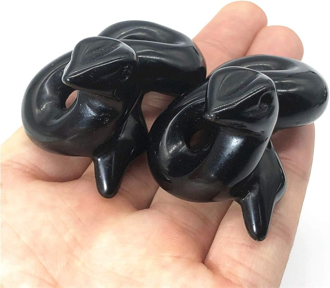 2" Crystal Snake Quartz Skull Figurine, Hand Carved Reiki Healing Crystal Animal Statue Sculpture (Obsidian Snake)