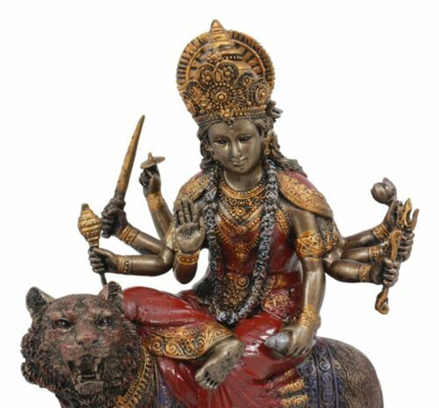 The Invincible Eight Handed Hindu Goddess Durga Sitting on Bahan Tiger Statue