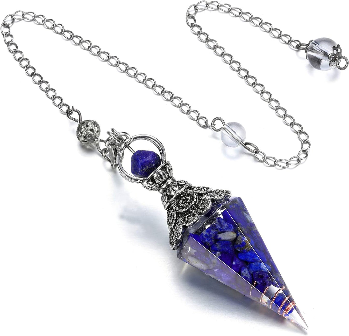 Natural Lapis Lazuli Healing Crystal Dowsing Pendulum Reiki Gemstone Chips Orgone Pendulum 6 Faceted Hexagonal Pointed Resin Spiritual Pendant for Divination, Wicca, Energy Balancing