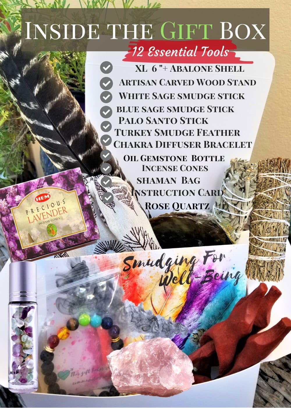 Sage Smudge Kit: Ultimate 12 Piece Spiritual Gifts Variety Smudging Kit: 6+” XL Abalone Shell, Complete Smudging Gift Set, Cleansing, Healing Positive Energy Home Kit! (Tiger'S Eye/Lavender Kit)