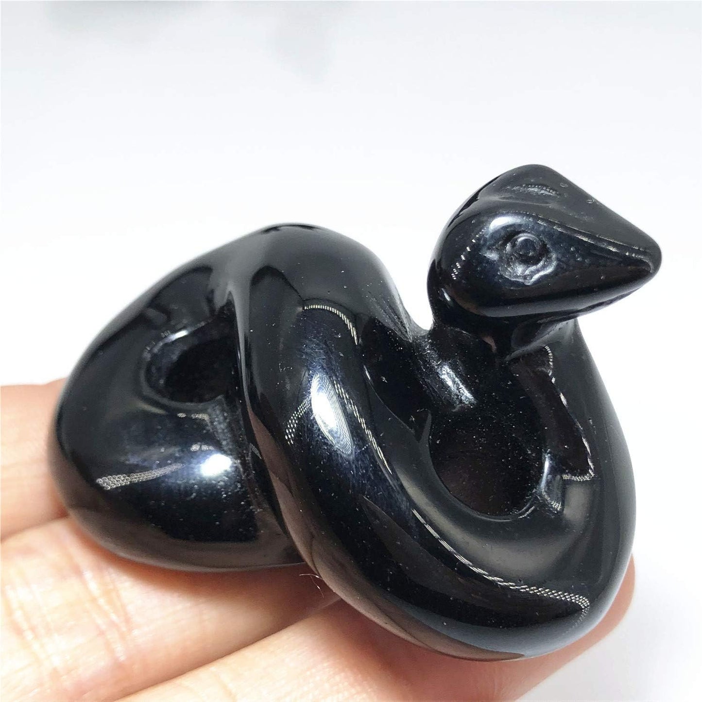 2" Crystal Snake Quartz Skull Figurine, Hand Carved Reiki Healing Crystal Animal Statue Sculpture (Obsidian Snake)