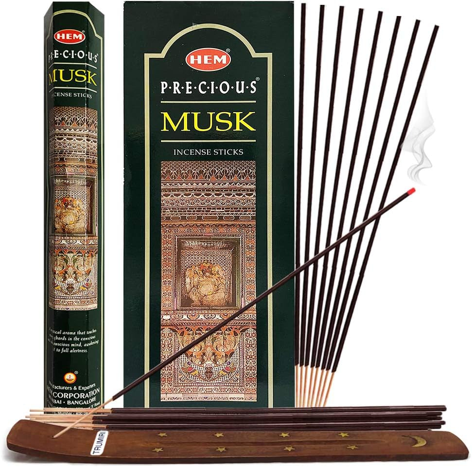 Precious Musk Incense Stick Bundle: 120 Sticks (6 Packets of 20) with  Incense Holder
