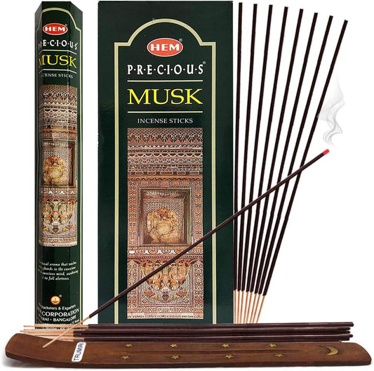 Precious Musk Incense Stick Bundle: 120 Sticks (6 Packets of 20) with  Incense Holder