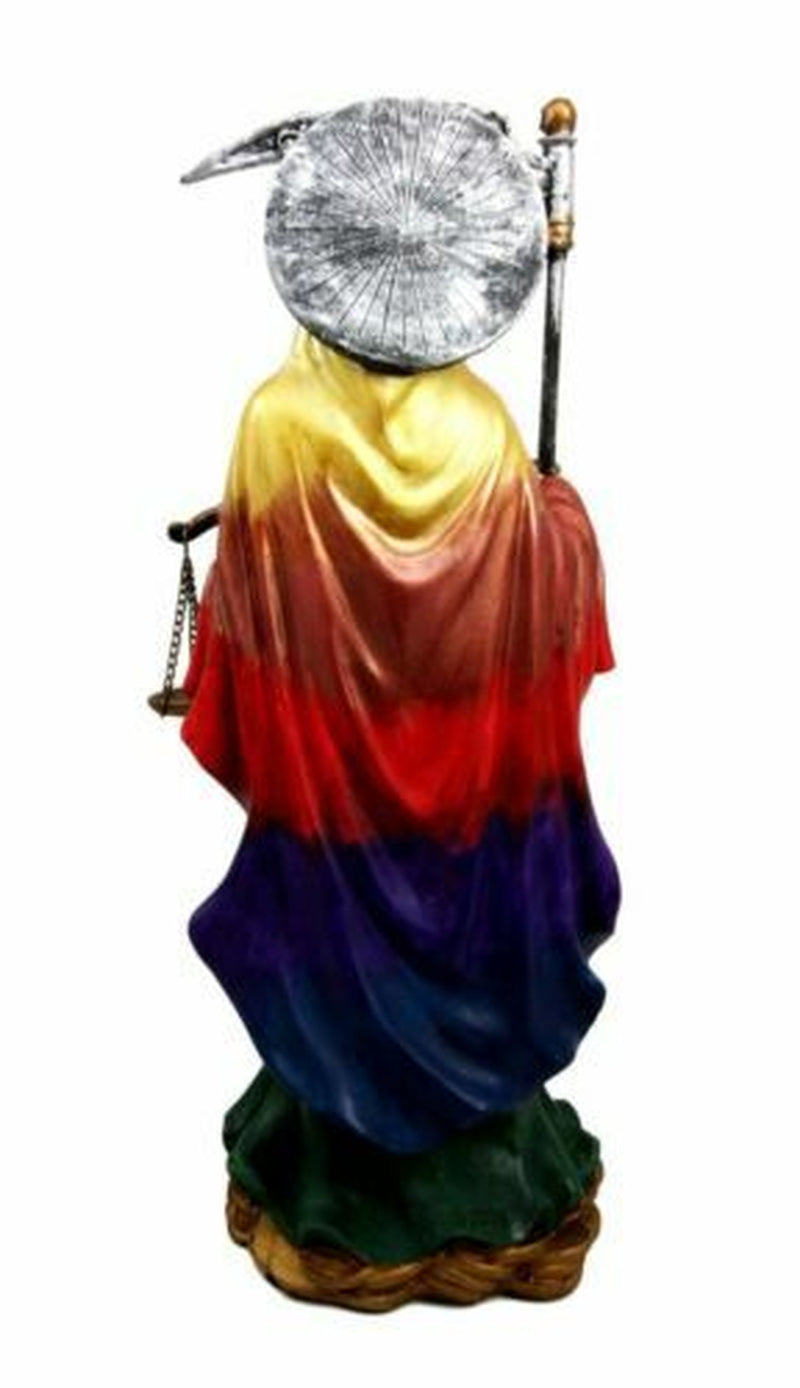 10.5" Height Standing Santa Muerte with Owl Scythe and Scales Figurine (Rainbow)