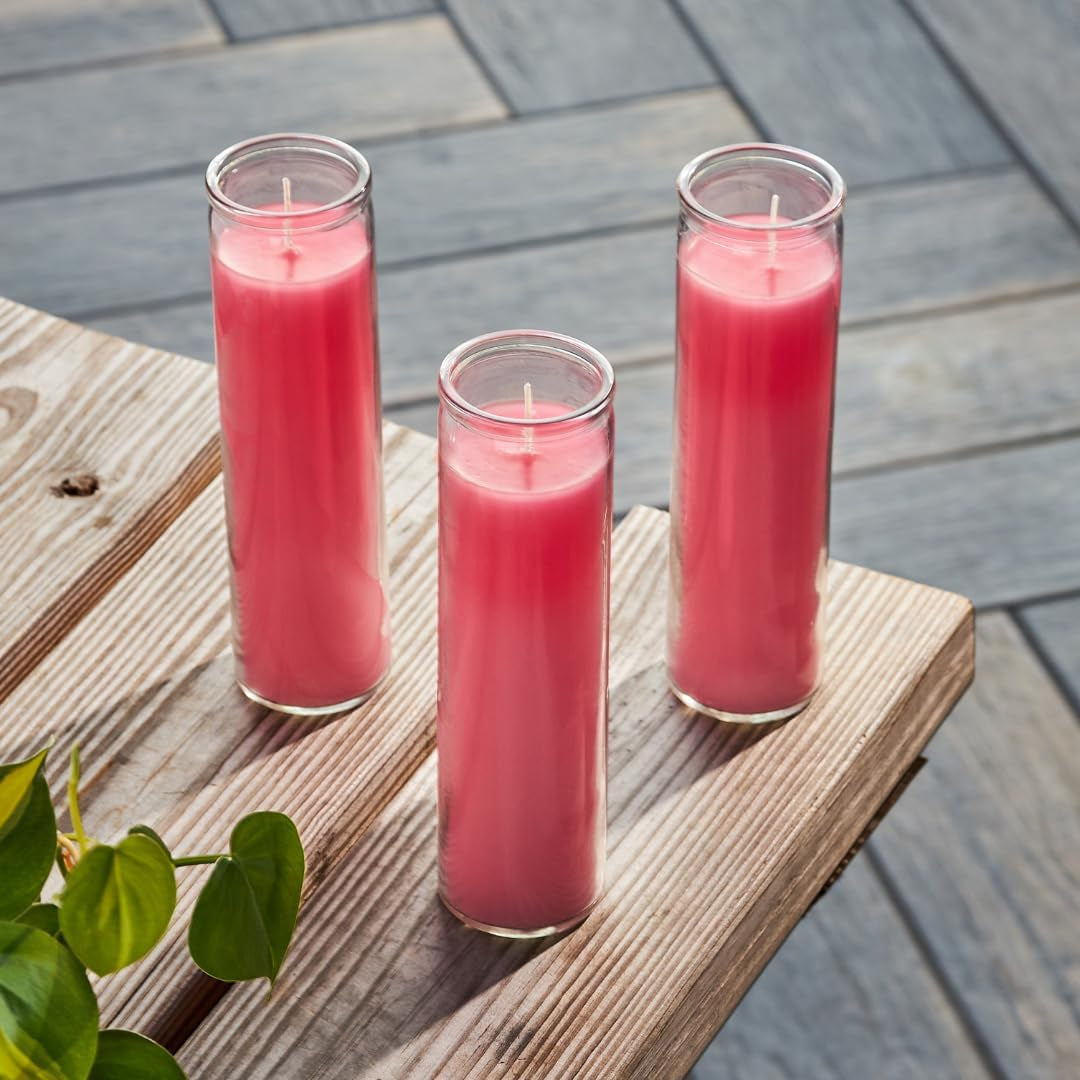 2X8 Inch Pink Devotional Candles in Glass Jar - 3 Pack - 90 Hours – Prayer Candle - Tall Pillar Candles for Religious, Memorials, Party Decor