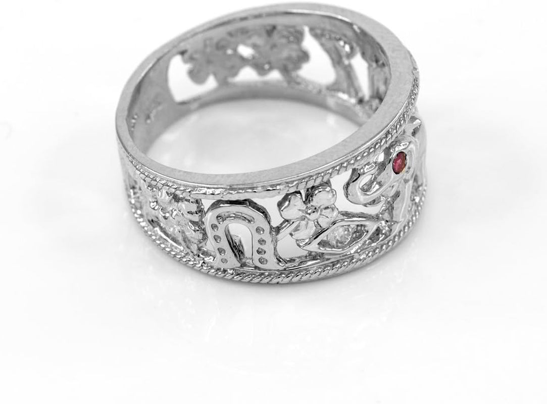 Fine 925 Sterling Silver Open Design Cz-Studded Good Luck Charm Ring