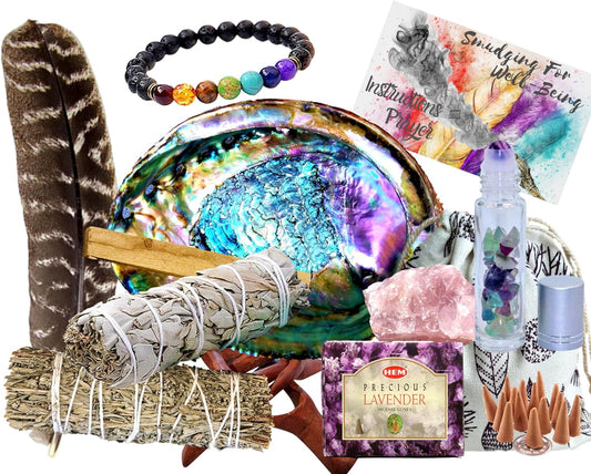 Sage Smudge Kit: Ultimate 12 Piece Spiritual Gifts Variety Smudging Kit: 6+” XL Abalone Shell, Complete Smudging Gift Set, Cleansing, Healing Positive Energy Home Kit! (Tiger'S Eye/Lavender Kit)