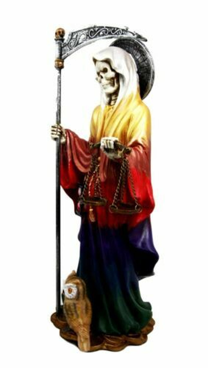 10.5" Height Standing Santa Muerte with Owl Scythe and Scales Figurine (Rainbow)