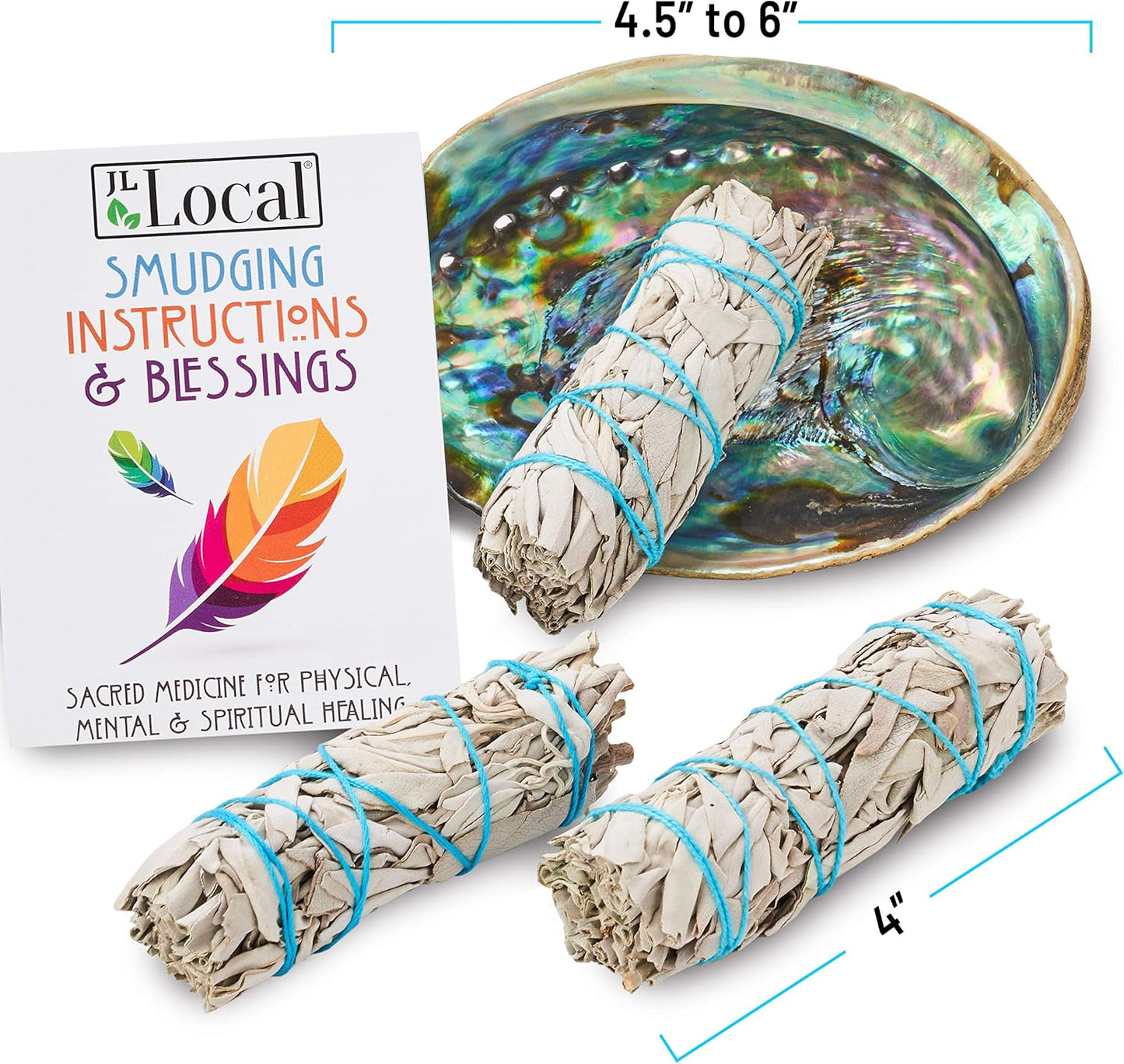 3 White Sage Smudge Kit | Sage Incense Kit for Cleansing | Abalone Shell & Instructions Included | Smudging Kit with White Sage Smudge Sticks (Standard)