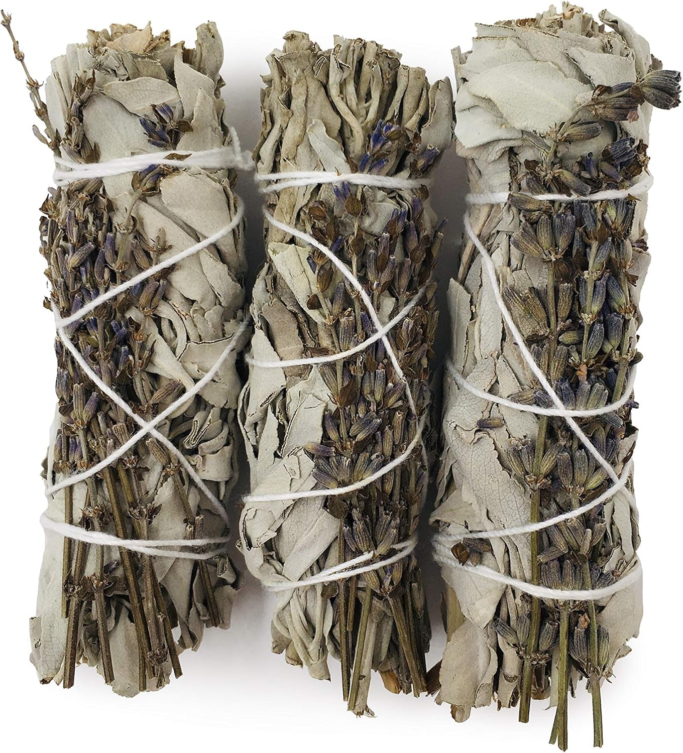 White Sage Smudge Sticks with Dried Lavender Buds - for Spiritual Cleansing, Spiritual Gifts, Witchcraft Supplies, Meditation Accessories - Pack of 3 Sage Sticks