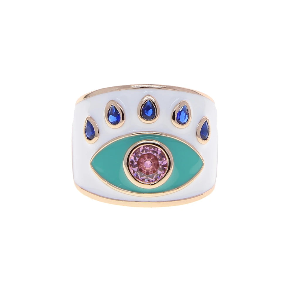 Open #7 Rose Gold Color Pink White Blue Black Colorful Enamel Lucky Turkish Evil Eye Big Women Finger Ring