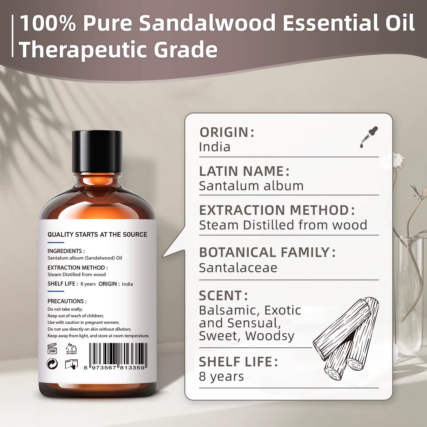 100ML Sandalwood Essential Oils,100% Pure Nature for Aromatherapy, Diffuser, Humidifier, Massage, Meditation, Candle