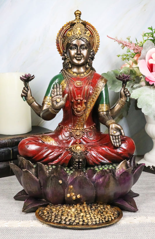 Beautiful Large Hindu Goddess Lakshmi Sitting on Lotus Flower Statue 12.25"Tall